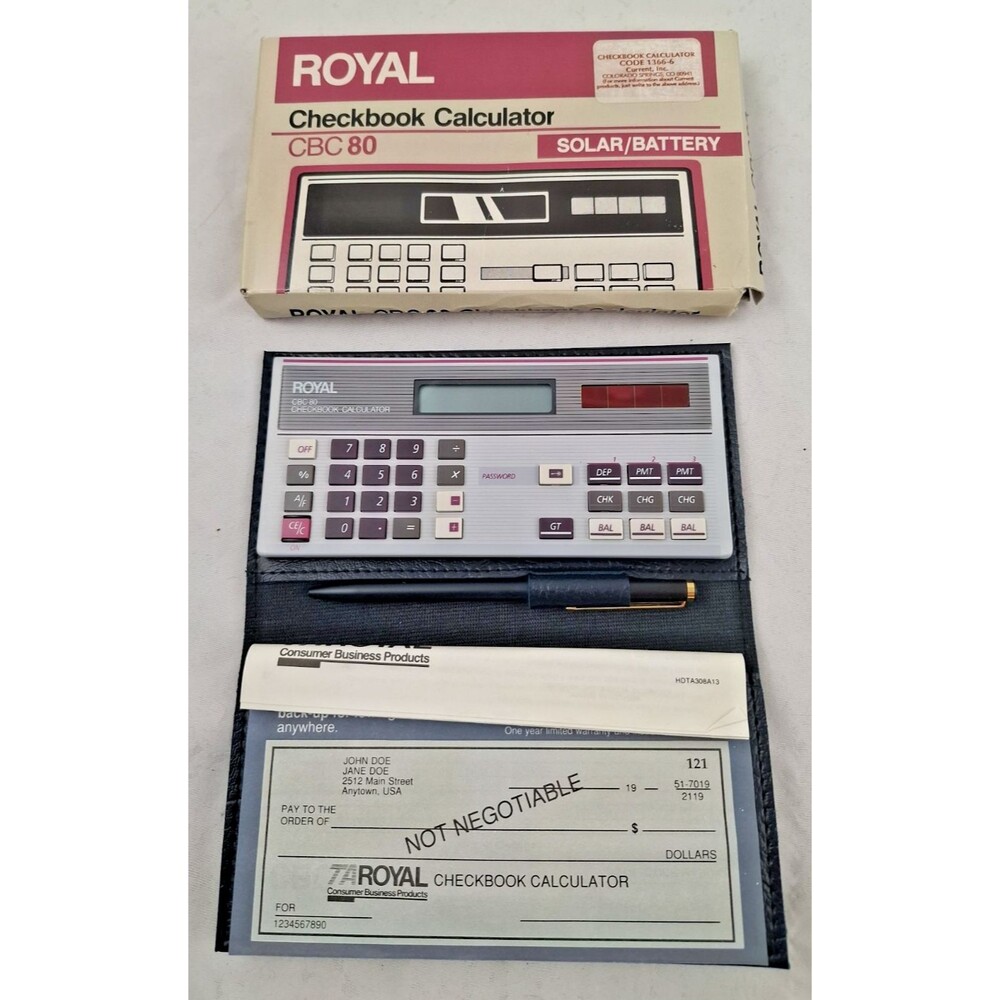 Royal CBC 80 Checkbook Calculator Vintage Solar Wallet Case Tested Working